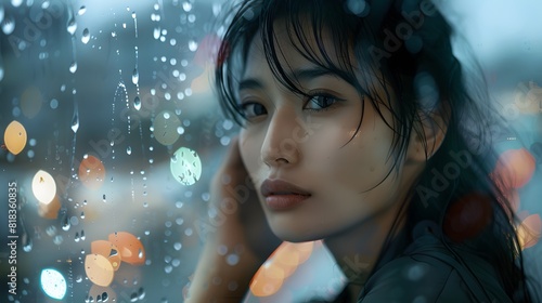 雨が降る窓ガラスにもたれかかかる日本人女性