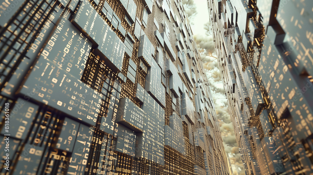 3d abstract digital background, a towering wall of blocks, the narrow perspective, a canyon-like structure, covered in digital code and circuitry, glowing softly with golden light 3d abstract digital background, a towering wall of blocks, the narrow perspective, a canyon-like structure, covered in digital code and circuitry, glowing softly with golden light