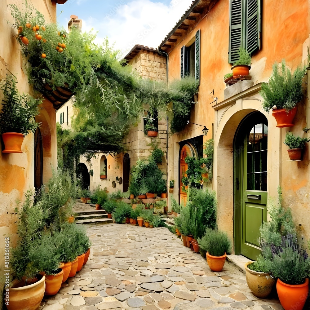 Naklejka premium quiet street in a small Italian village, highlighted by its stone facade 