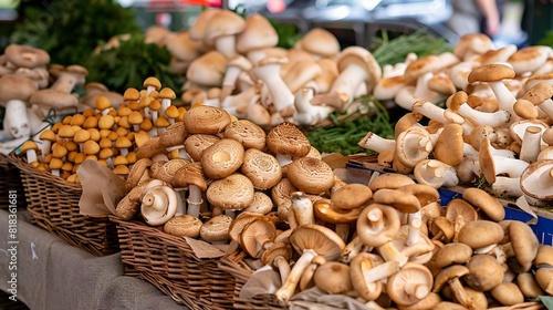 "Fresh Harvest: Vibrant Mushrooms at Farmer's Market Stall, Nature's Bounty on Display for Health-Conscious Consumers."