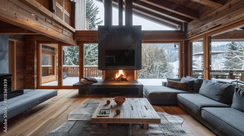 Image showcasing Luxurious cabin interior bedroom design with rustic accents and a ...