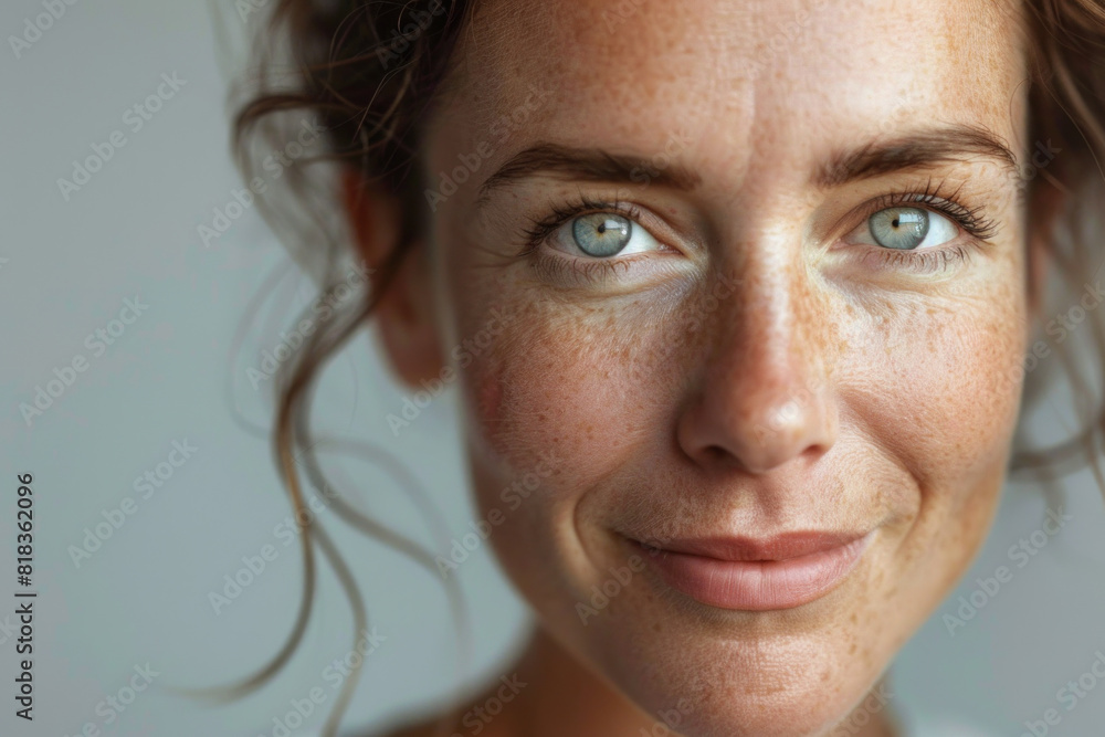 Obraz premium Close-up portrait of a woman with striking blue eyes and freckles, radiating natural beauty and serene confidence.