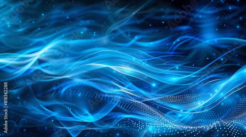 Abstract blue tech background with digital waves, dynamic network system, artificial neural connections, cyber quantum computing and electronic global intelligence 