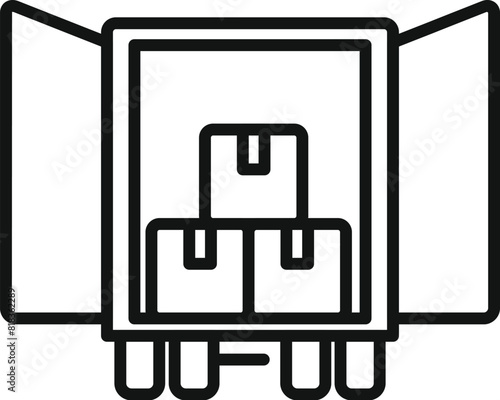 Simple black line vector icon of a truck with open cargo doors and boxes