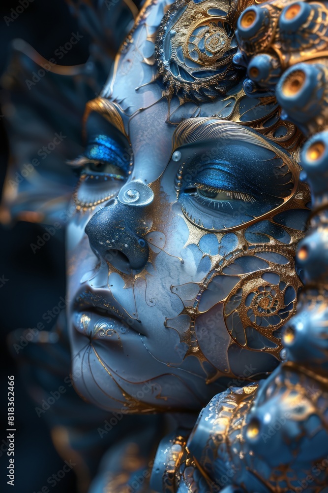 Intricate Metallic Cyborg Face with Blue Eyes and Golden Accents Intricate Metallic Cyborg Face with Blue Eyes and Golden Accents