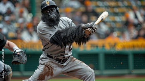 Baseball player in a gorilla costume hitting a home run