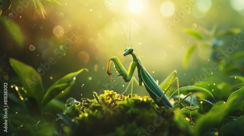 Green praying mantis, beautiful insect sitting on a plant photo