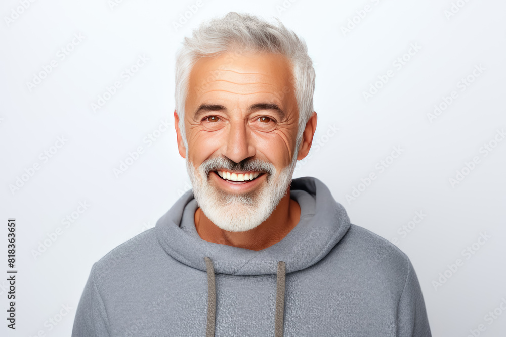 Portrait of a joyful senior man with a warm smile, wearing a grey hoodie, representing vitality and happiness in later life Portrait of a joyful senior man with a warm smile, wearing a grey hoodie, representing vitality and happiness in later life