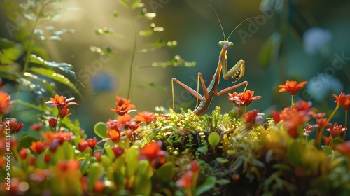 Green praying mantis, beautiful insect sitting on a plant © EarthWalker