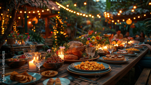 Elegant Outdoor Dinner Party with Festive Lights - Generative AI