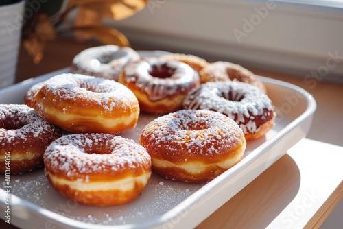 Sprinkled baked donuts on white plate on the table by the window