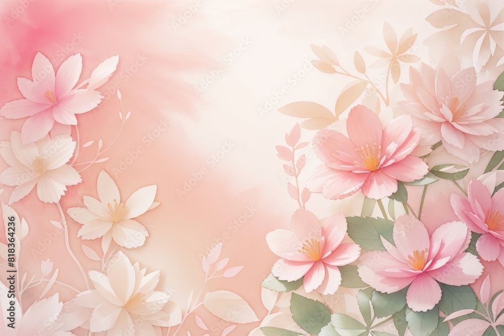 Delicate floral watercolor composition with copy space in green and pink colors. Greeting card, invitation, banner, any design