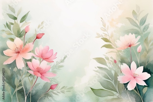 Delicate floral watercolor composition with copy space in green and pink colors. Greeting card  invitation  banner  any design