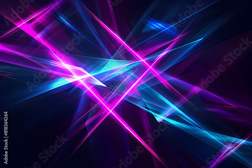 Electric neon rays of light with blue and purple geometric shapes. Abstract art on black background.