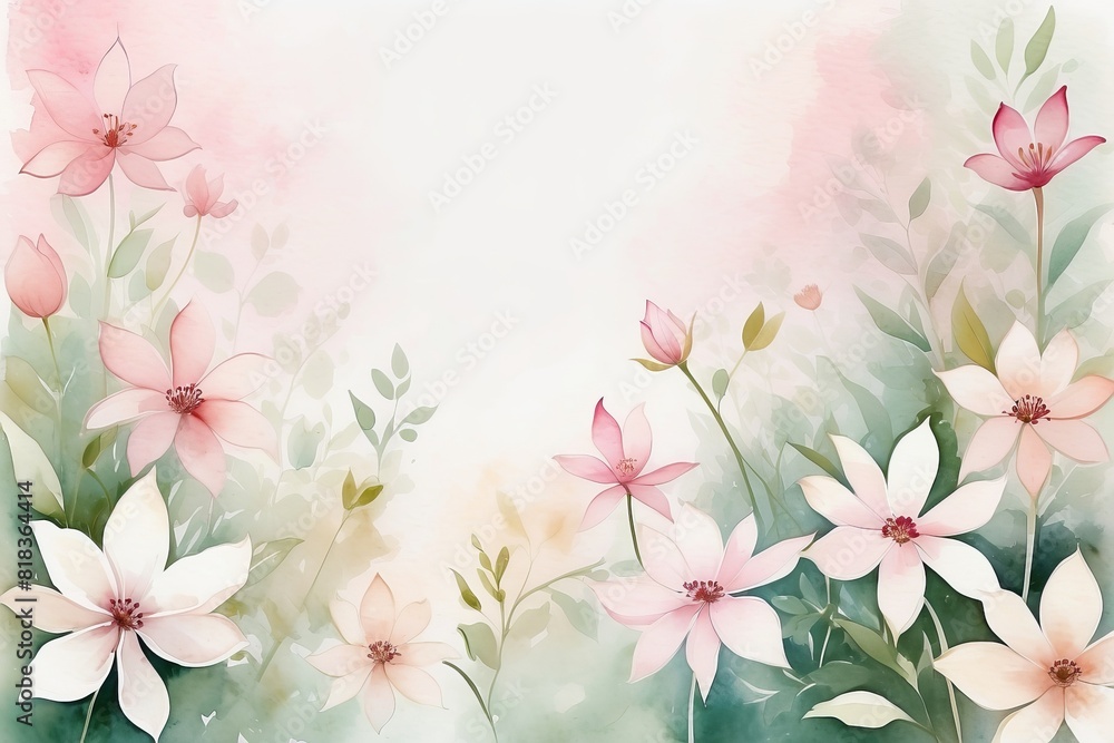 Naklejka premium Delicate floral watercolor composition with copy space in green and pink colors. Greeting card, invitation, banner, any design