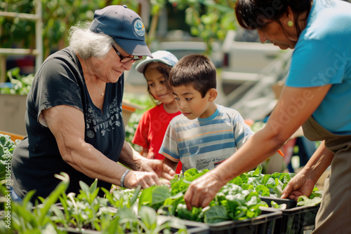 Multi-generational group engages in community gardening, teaching young children about sustainable agriculture.