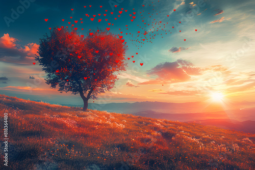 Tree of love in spring. Red heart shaped tree at sunset. Beautiful landscape with flowers. Love background with copy space