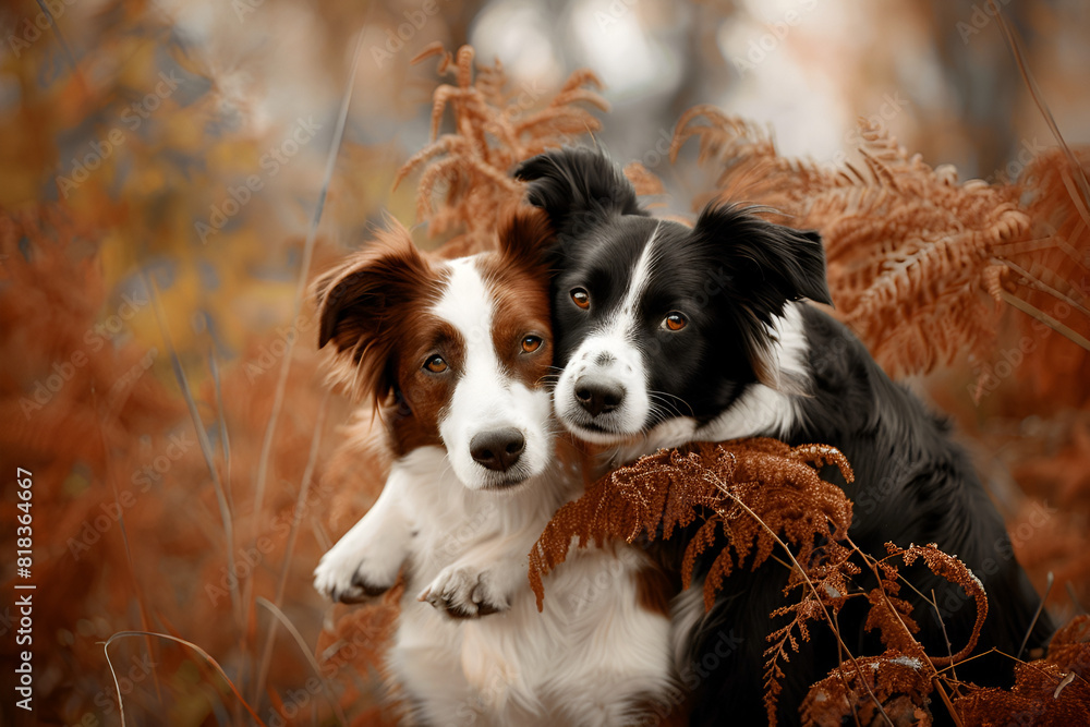 Two dogs hugging together for a walk. Pets in nature. Cute border collie in a field in colors. St. Valentine's Day.