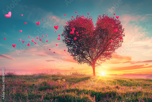 Tree of love in spring. Red heart shaped tree at sunset. Beautiful landscape with flowers. Love background with copy space #818364601
