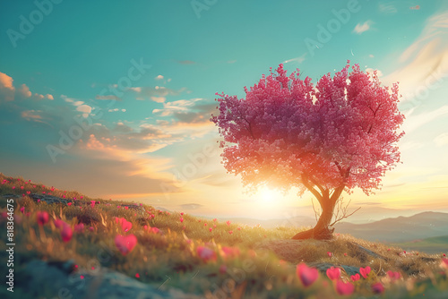 Tree of love in spring. Red heart shaped tree at sunset. Beautiful landscape with flowers. Love background with copy space