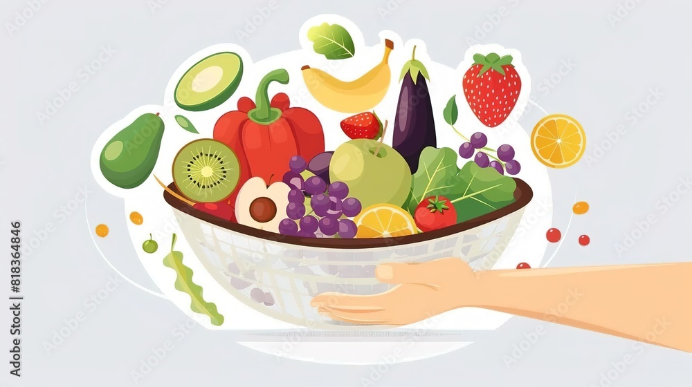 A variety of fruits and vegetables are arranged in a bowl. The bowl is held up by a hand. The background is white. A variety of fruits and vegetables are arranged in a bowl. The bowl is held up by a hand. The background is white.
