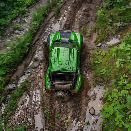 Green ATV Riding Through Rough Terrain in a Top-Down Shot