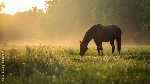 Chestnut brown horse grazing in the green field on a summer day at sunset