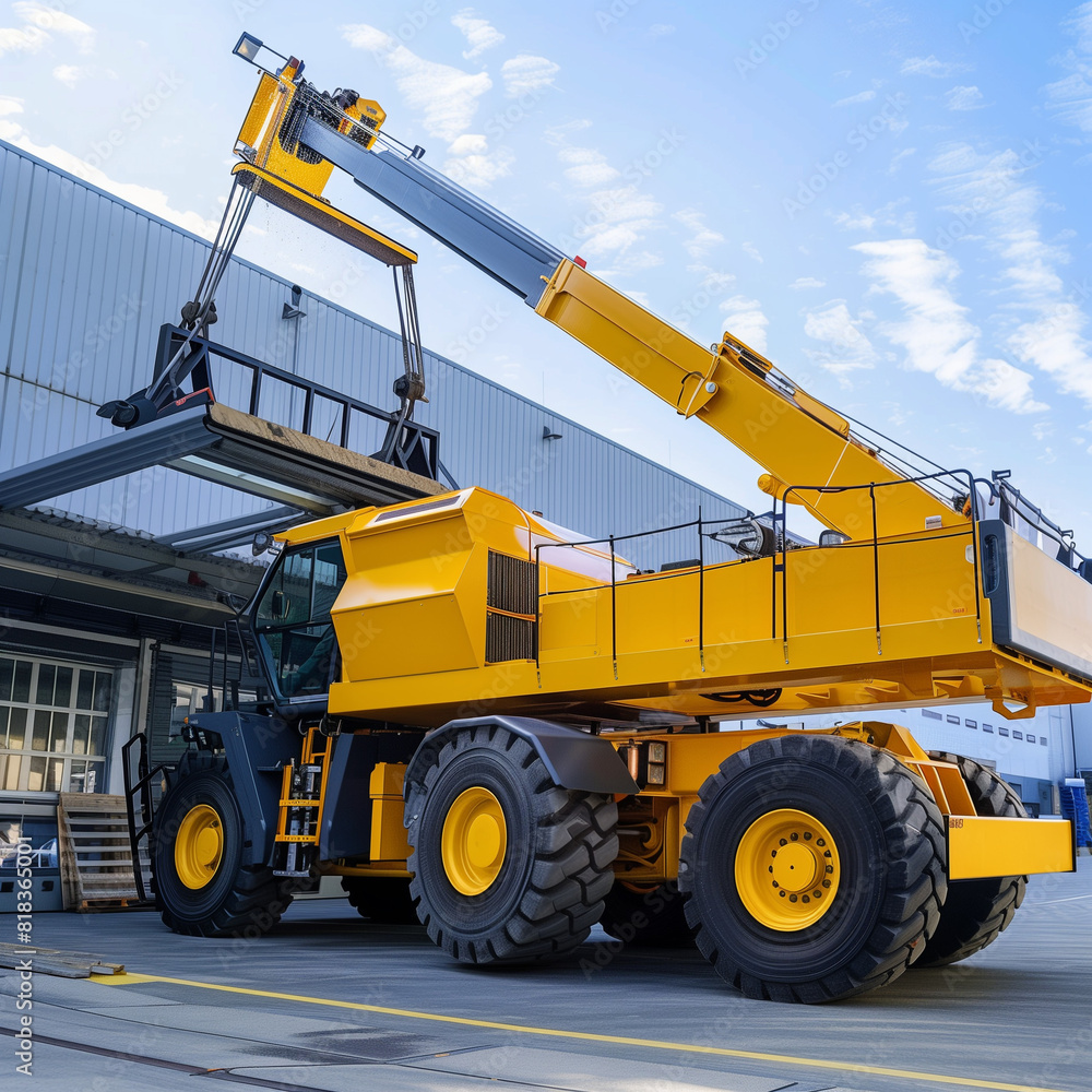 Yellow Telehandler Lifting Heavy Loads in a Rear-Left View Yellow Telehandler Lifting Heavy Loads in a Rear-Left View