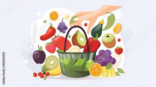 A hand picking a pear from a basket full of fruits and vegetables. The fruits and vegetables are all healthy and colorful.