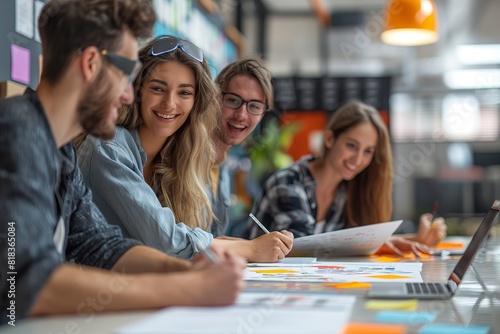 A group of young professionals collaborating in a modern office, brainstorming ideas and discussing project details around a table.