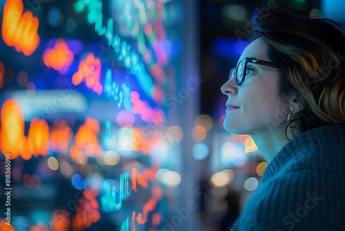 A woman with glasses gazes at colorful neon lights in the city at night, reflecting a modern urban atmosphere and vibrant nightlife.