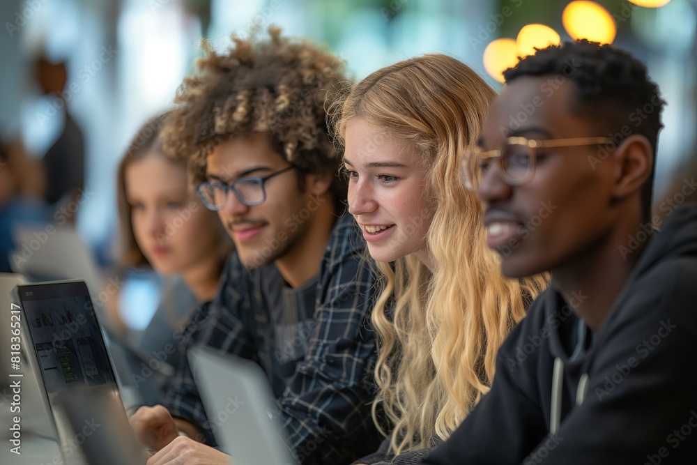 Group of diverse students collaborating on laptops in a modern ...