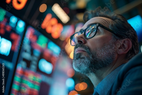 Man in glasses studying stock market data on screens, surrounded by illuminated financial tickers and charts in a financial hub. photo