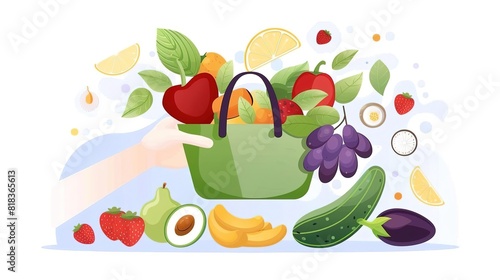 A variety of fresh fruits and vegetables are arranged in a green shopping bag. The bag is held by a person s hand. The fruits and vegetables are spilling out of the bag.