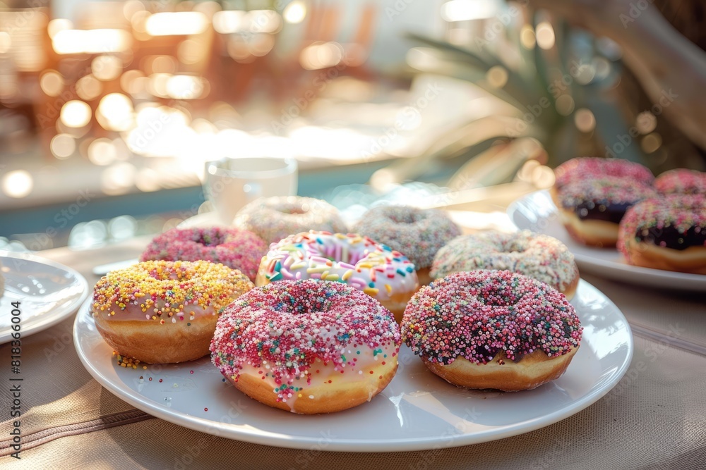 Sprinkled baked donuts on white plate on the table at a restaurant Sprinkled baked donuts on white plate on the table at a restaurant