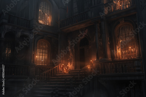 A grand staircase in an old mansion is lit by flickering candles, casting shadows and creating a mysterious ambiance.