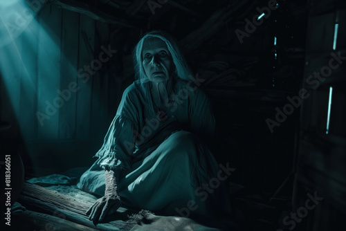 An elderly woman sits in solitude in a dimly lit, rustic cabin, her face reflecting wisdom and melancholy.