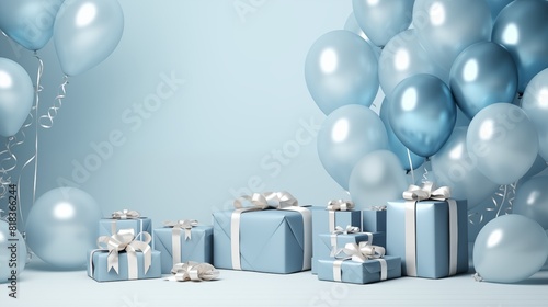Blue silver Birthday background with realistic balloons and gift boxes. 3d banner for greeting. © Елена Истомина
