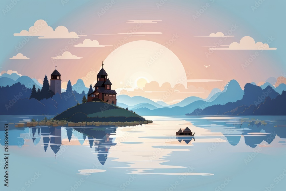 Mystical lake surrounded  by hills and trees, vector style illustration