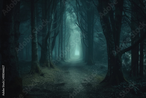  A mystical light glows at the end of a dark  fog-enshrouded forest path  inviting curiosity and awe.