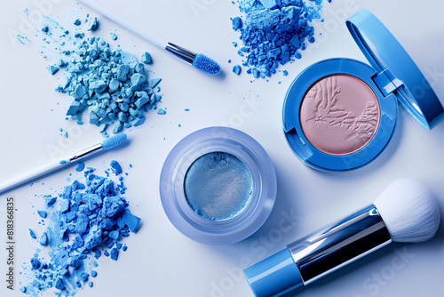A makeup kit with a blue brush and a blue powder