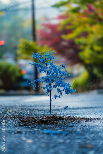Uma linda árvore azul brota no asfalto de uma rua