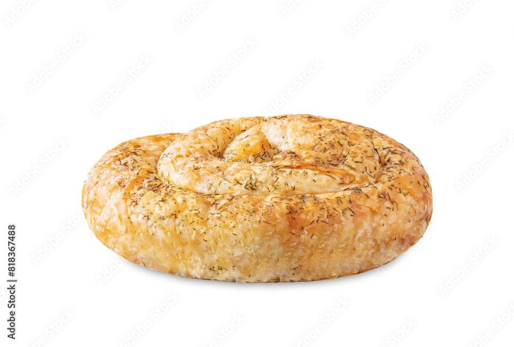 Spiral filo dough Greek pie with filling on a white isolated background Spiral filo dough Greek pie with filling on a white isolated background