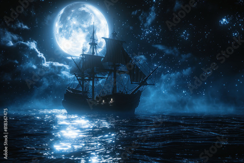  A mystical sailing ship navigates through dark, turbulent waters under a luminous full moon, casting eerie shadows.