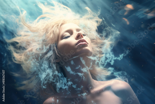 Surreal image of a woman peacefully submerged in water, her hair flowing around her in a dreamlike state. © KirKam