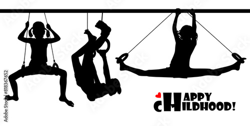 silhouette of a girl on rings. Active childhood. hand drawing. Not AI, Vector illustration.