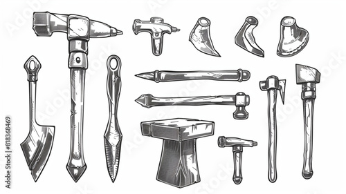 
Anvil, hammer, tongs. Metal working tools. Blacksmith craft concept. Hand drawn sketch vintage vector illustration 3d avatrs set vector icon, photo