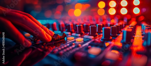 Close-up of a hand adjusting controls on a sound mixing console, with colorful lights in the background.