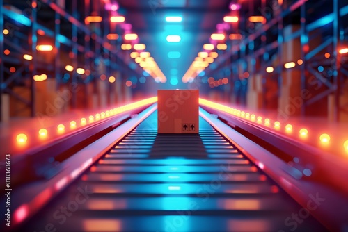 A package on a futuristic conveyor belt, illuminated by neon lights in a modern warehouse, showcasing advanced logistics technology.