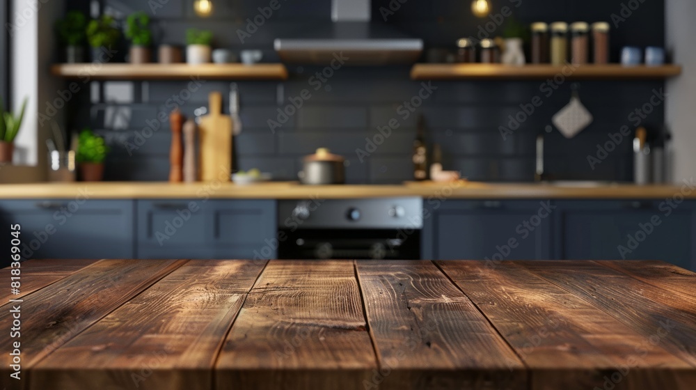 Empty Beautiful wood table top and moonlight modern kitchen interior background Empty Beautiful wood table top and moonlight modern kitchen interior background